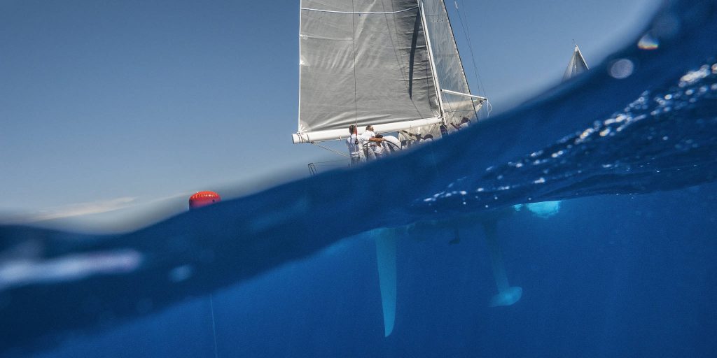 Underwater view with rudder and keel of sailing boat