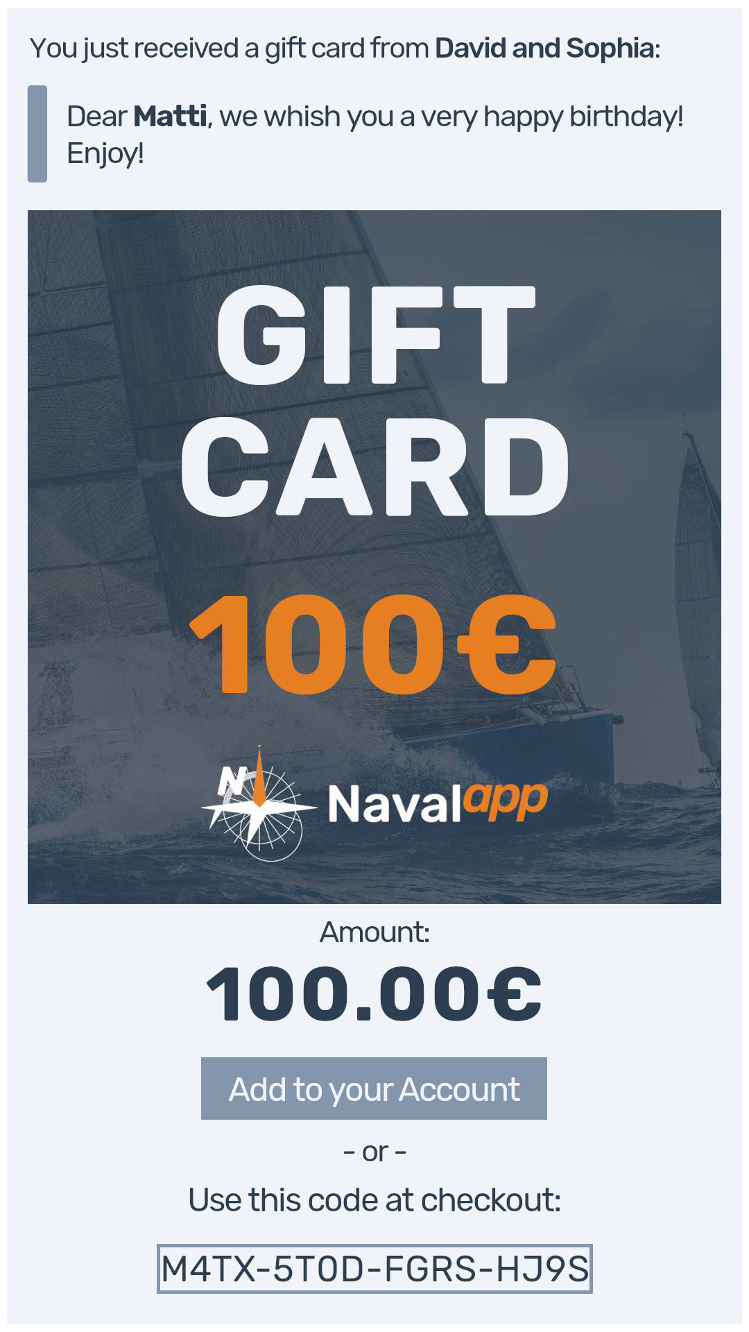 Navalapp - Gift Card email